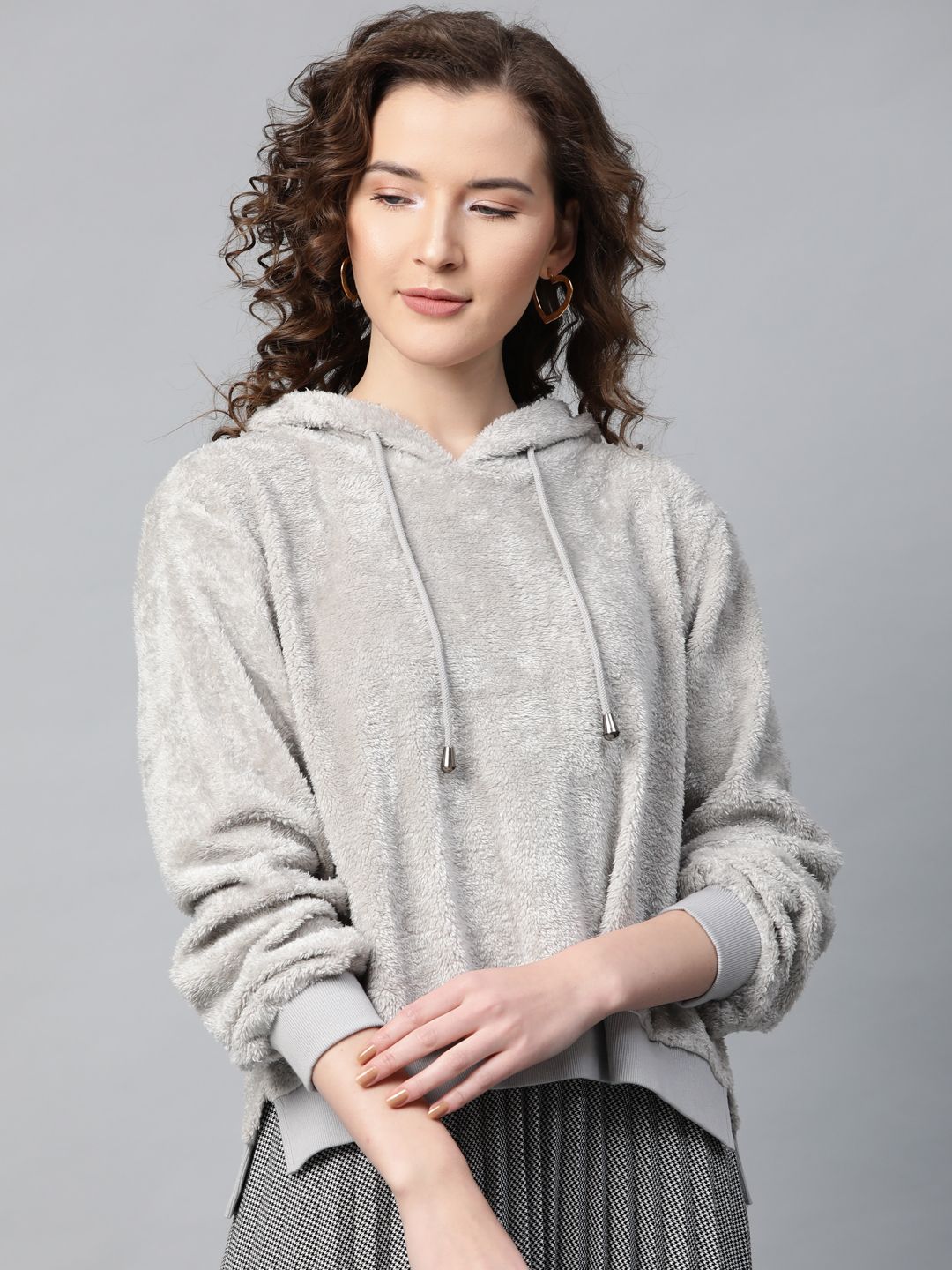 SASSAFRAS Women Grey Solid Hooded Faux Fur Sweatshirt Price in India