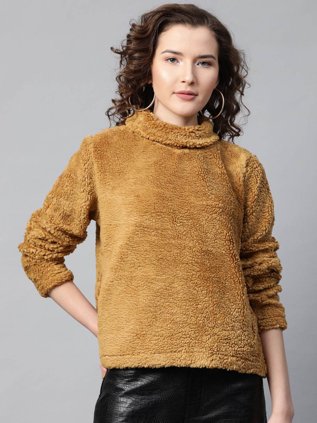 SASSAFRAS Women Mustard Brown Faux Fur Solid Sweatshirt Price in India