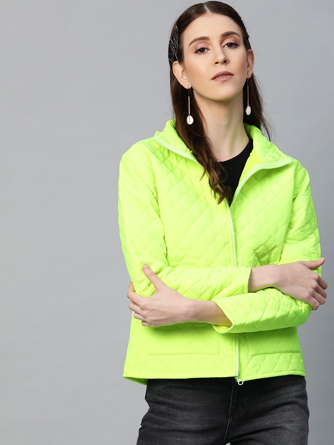 SASSAFRAS Women Fluorescent Green Solid Quilted Jacket Price in India
