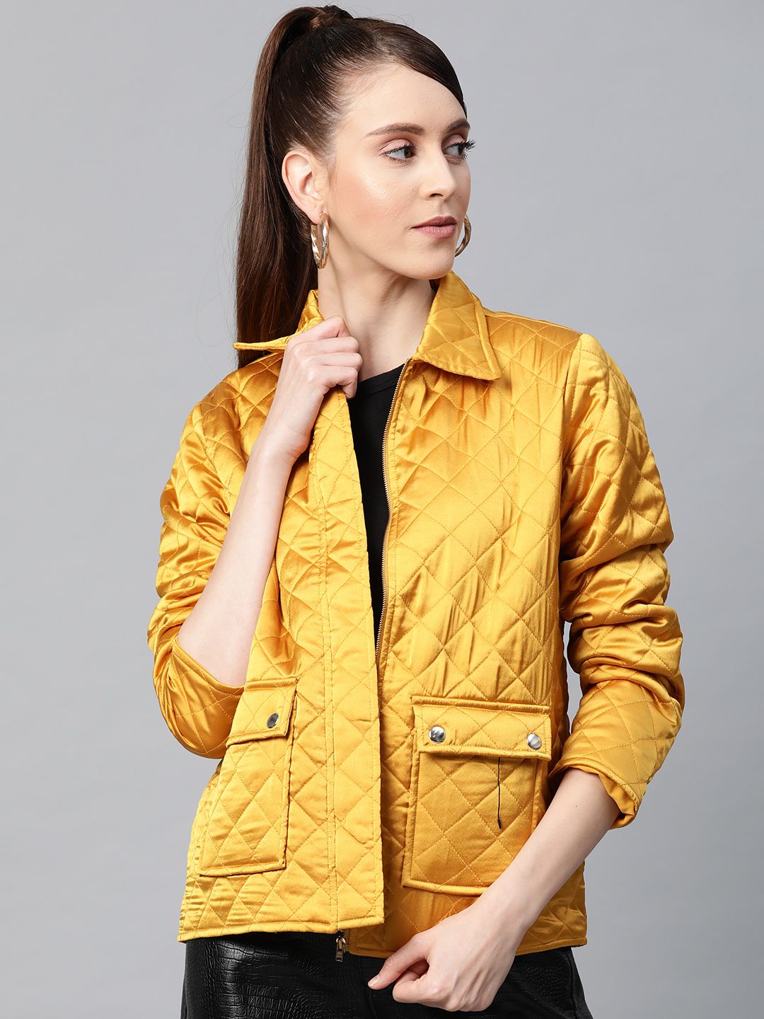 SASSAFRAS Women Mustard Yellow Solid Quilted Jacket Price in India