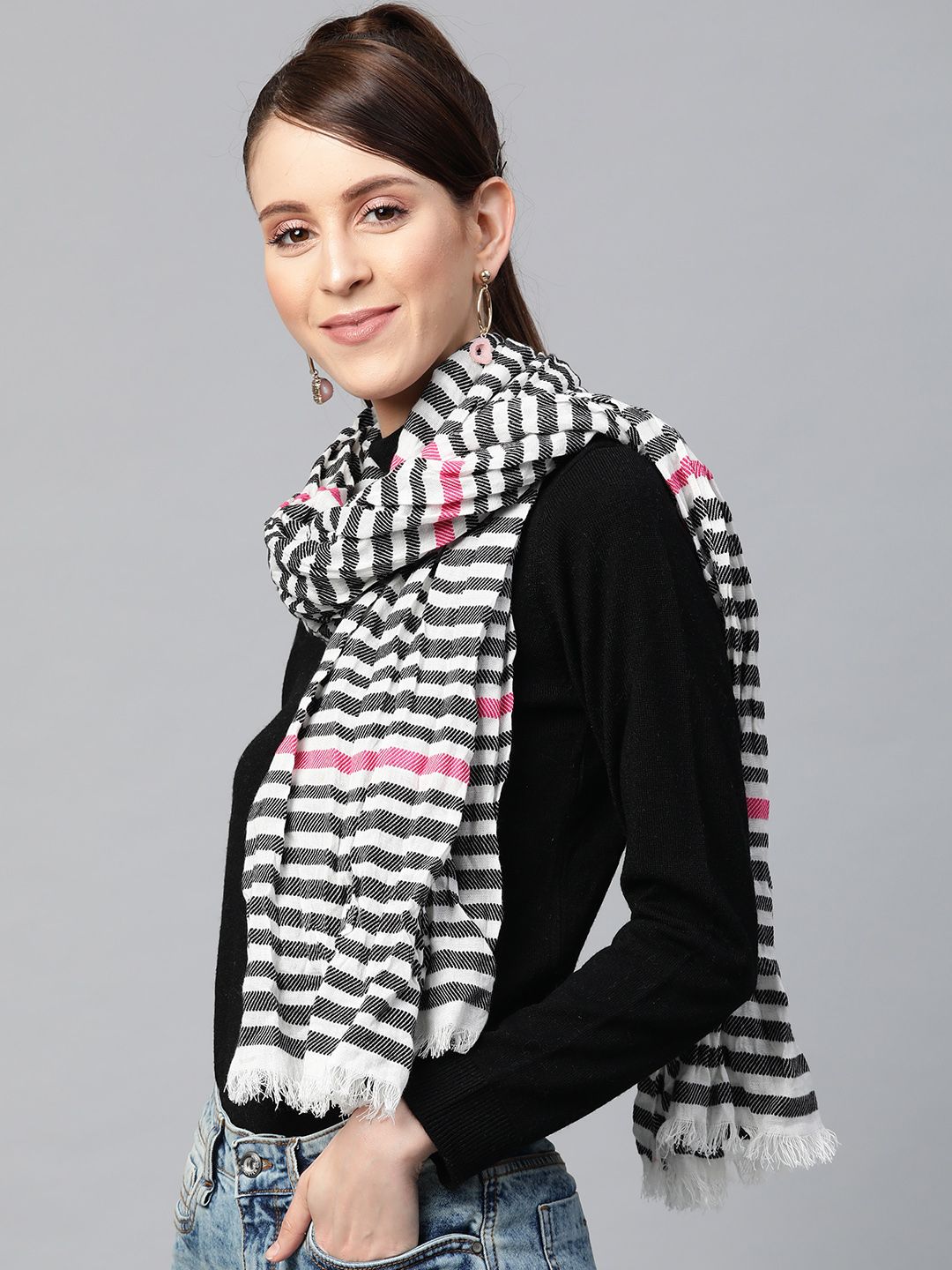 SASSAFRAS Women Black & White Striped Stole Price in India