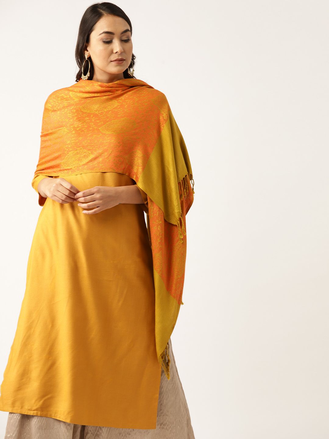 Shae by SASSAFRAS Women Orange & Mustard Yellow Woven Design Jacquard Stole Price in India