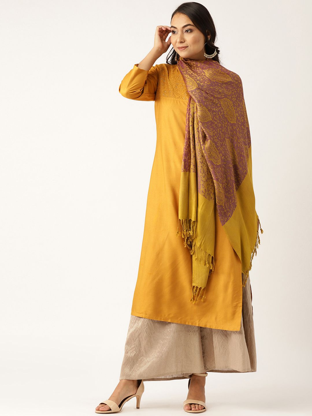 Shae by SASSAFRAS Women Purple & Mustard Yellow Woven Design Jacquard Stole Price in India