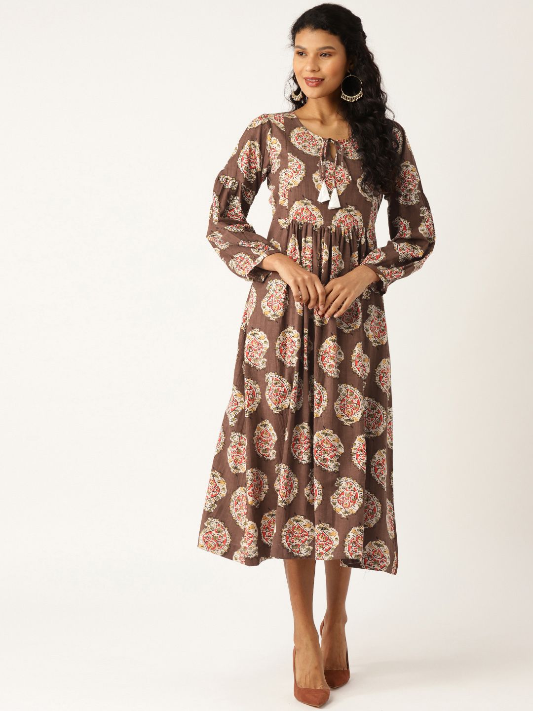 Shae by SASSAFRAS Women Brown & Off-White Printed A-Line Dress Price in India