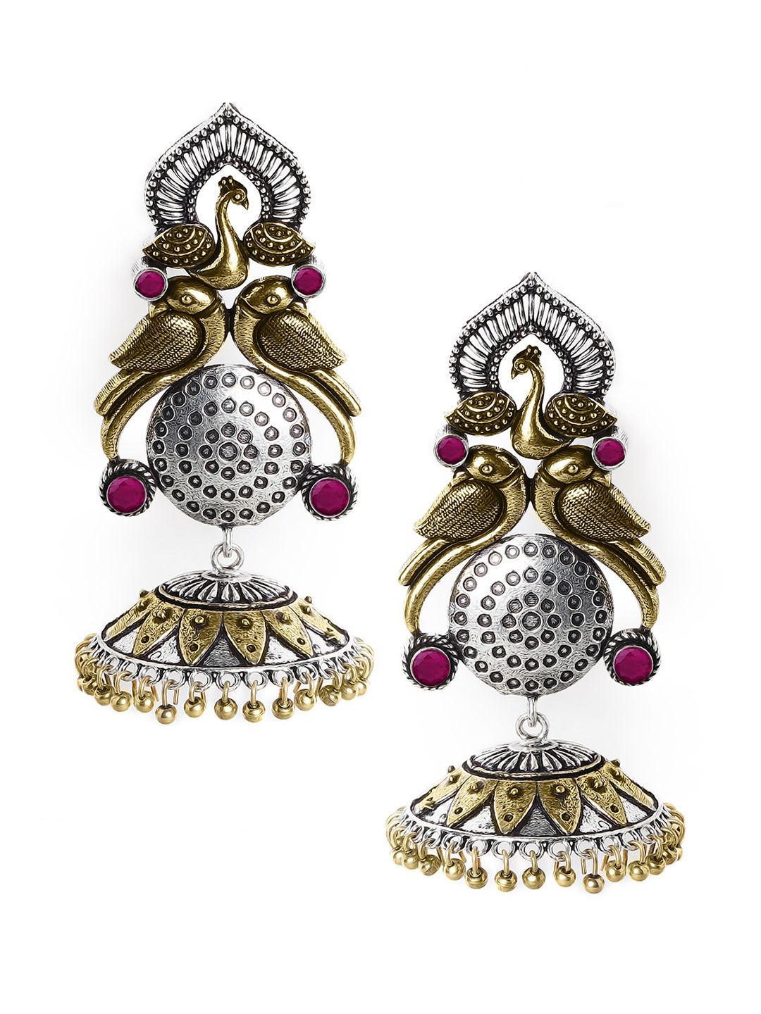 Rubans Silver-Plated & Gold-Toned Handcrafted Oxidised Peacock Shaped Jhumkas Price in India