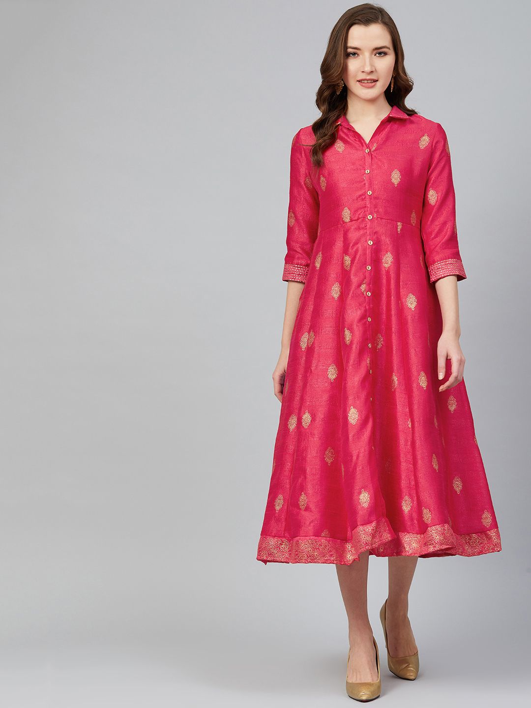 Rangriti Women Pink & Golden Ethnic Motif Print Midi A-Line Dress Price in India