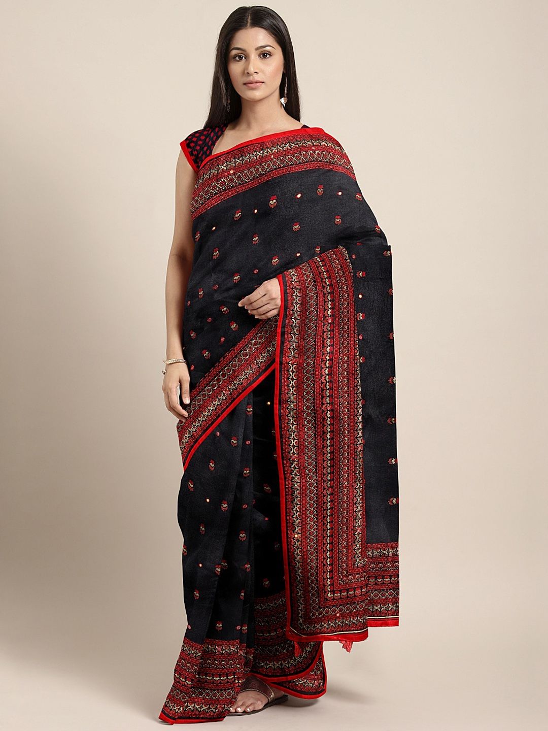 KALINI Black & Red Jute Silk Embroidered Saree