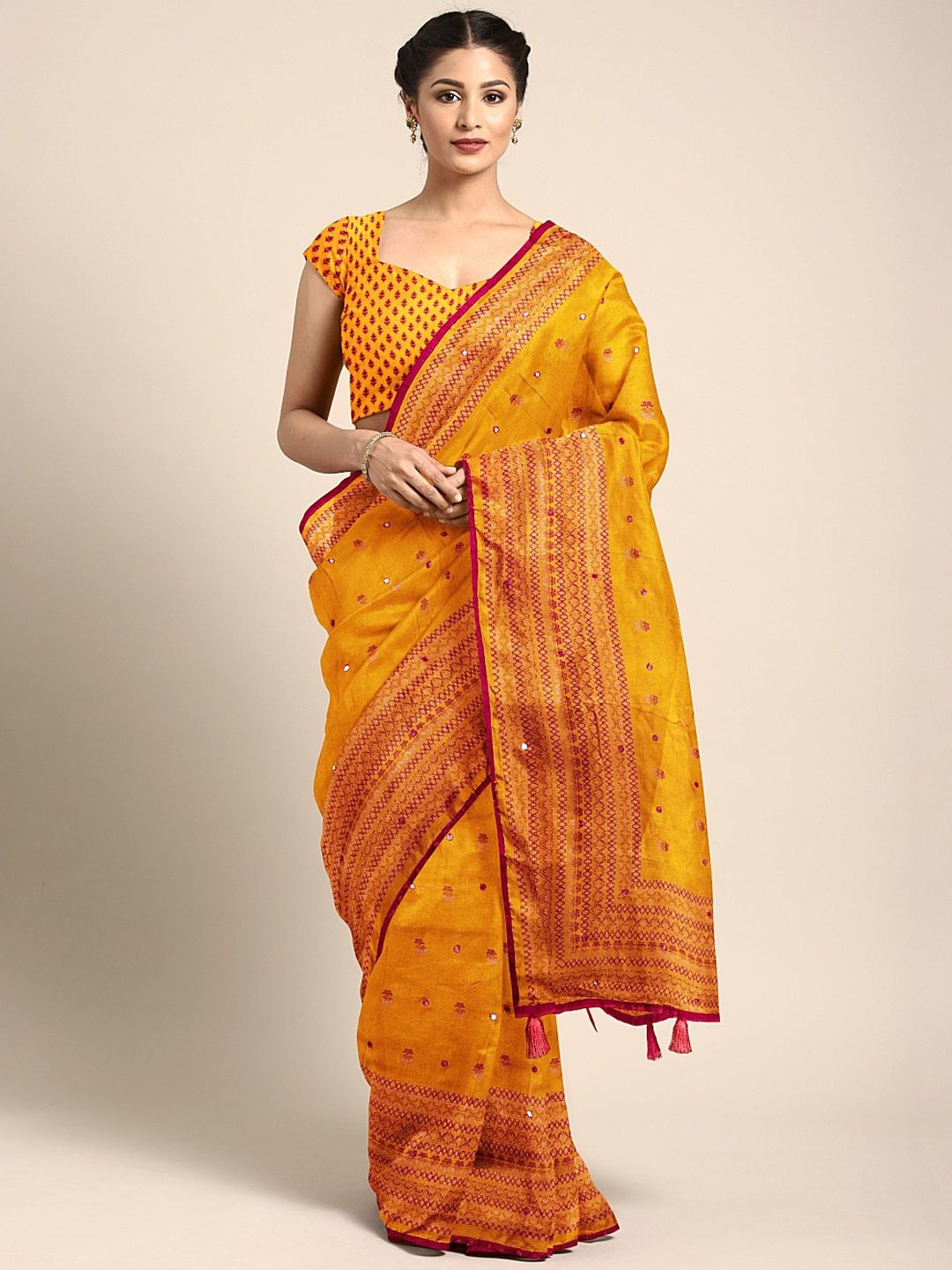 KALINI Yellow & Red Jute Silk Embroidered Saree