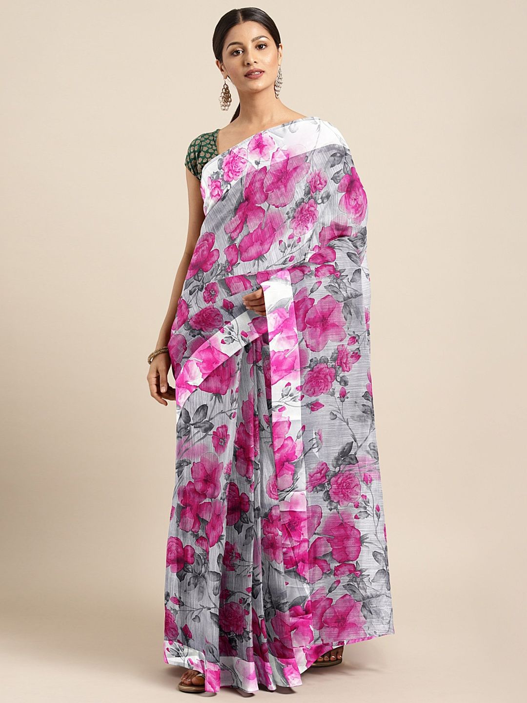 KALINI White & Pink Pure Linen Printed Saree