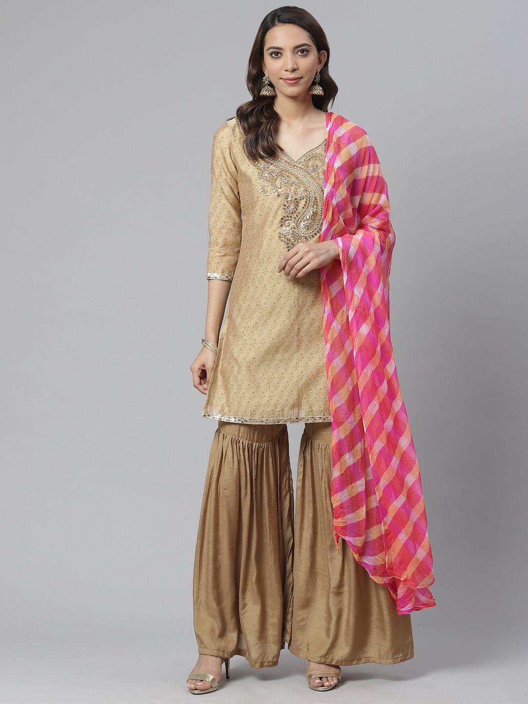 Readiprint Fashions Beige & Pink Gotta Patti Work Unstitched Dress Material Price in India