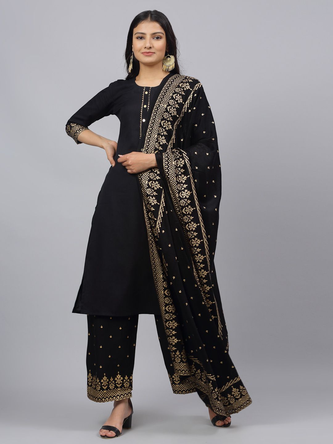 ANAISA Women Black Printed Kurta with Trousers & Dupatta Price in India