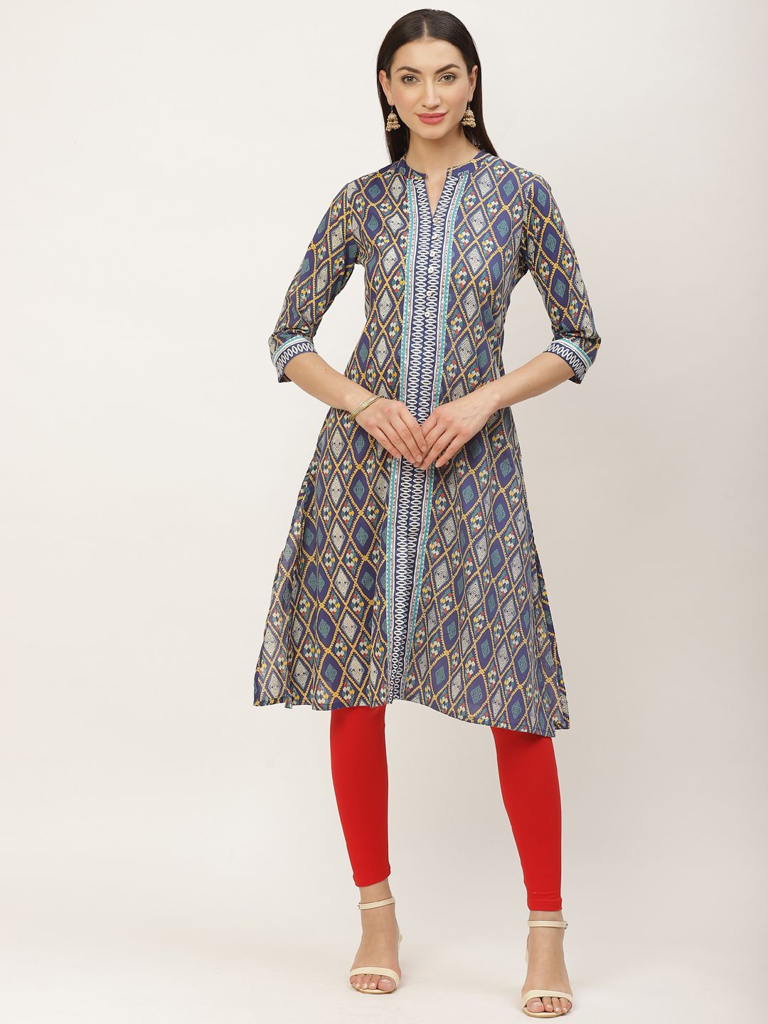 ZIZO By Namrata Bajaj Women Blue & Yellow Printed A-Line Kurta Price in India