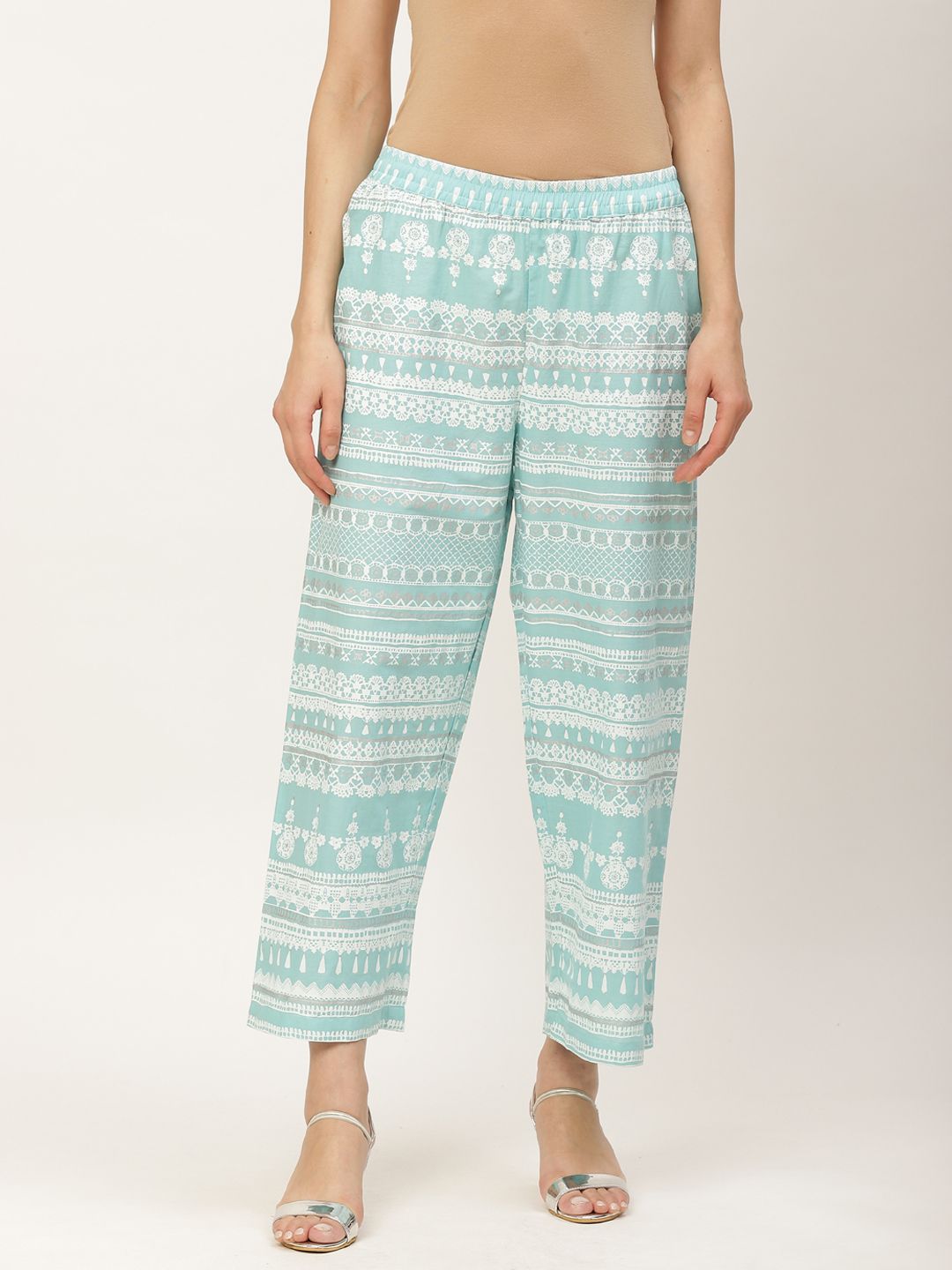 ZIZO By Namrata Bajaj Women Sea Green & White Printed Straight Cropped Palazzos Price in India