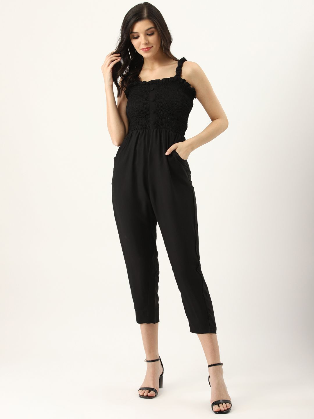 U&F Women Black Smoked Bodice Solid Basic Jumpsuit Price in India