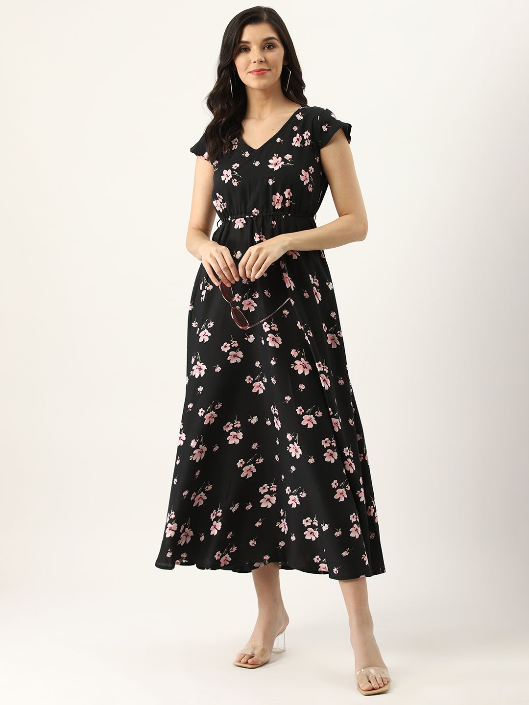 U&F Black & Pink Floral Print Maxi Dress Price in India