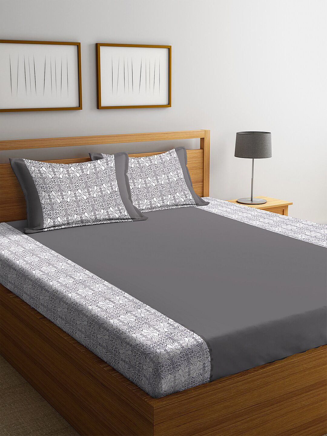 DECOREALM Charcoal Grey Floral 300 TC Poly Satin 1 King Bedsheet with 2 Pillow Covers Price in India