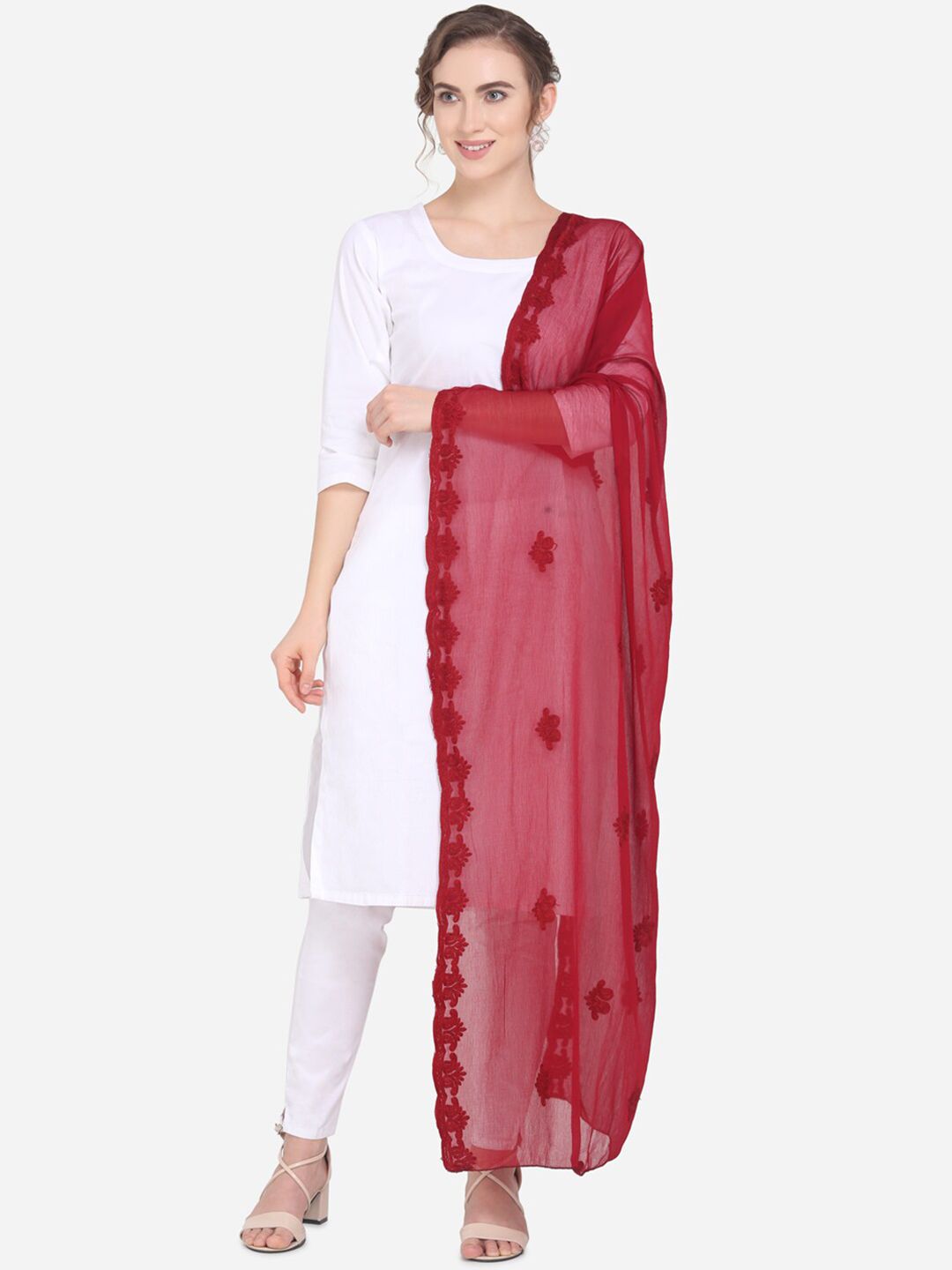 mf Maroon Embroidered Dupatta Price in India