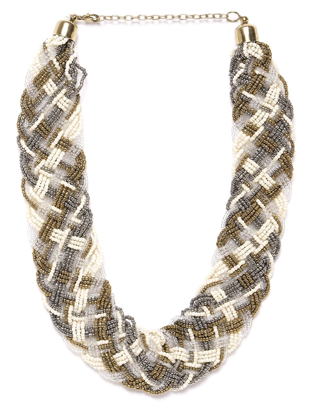 RICHEERA Women Antique Silver-Toned & Cream-Coloured Gold-Plated Beaded Braided Necklace Price in India