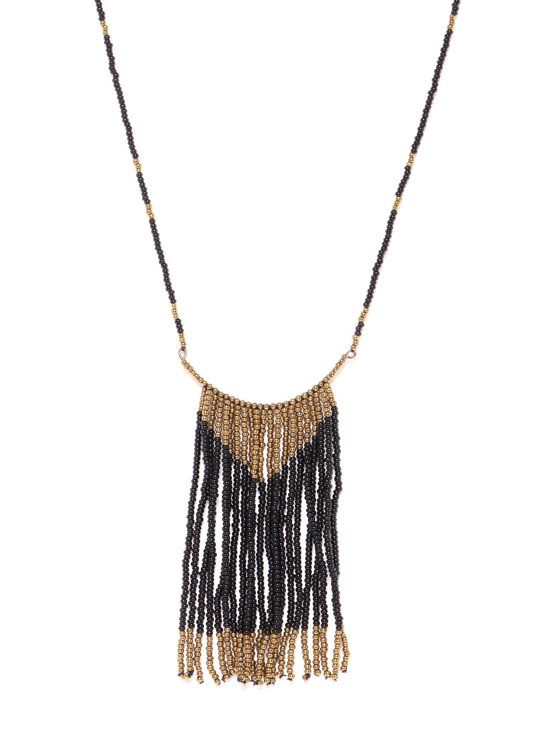 RICHEERA Black & Gold Beaded Antique Necklace with Fringed Detail Price in India