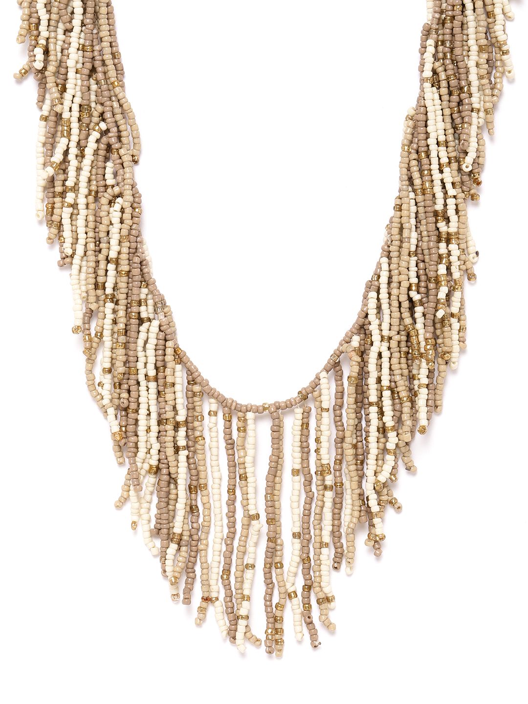 RICHEERA Beige & Off-White Gold-Plated Beaded Tasselled Necklace Price in India