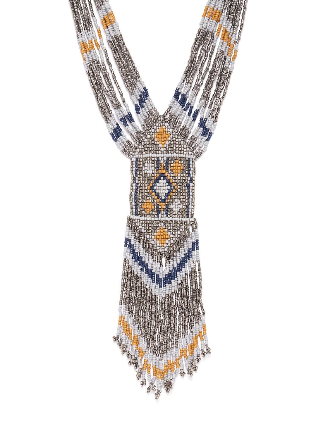 RICHEERA Women Grey & Blue Silver-Plated Beaded Tasselled Necklace Price in India