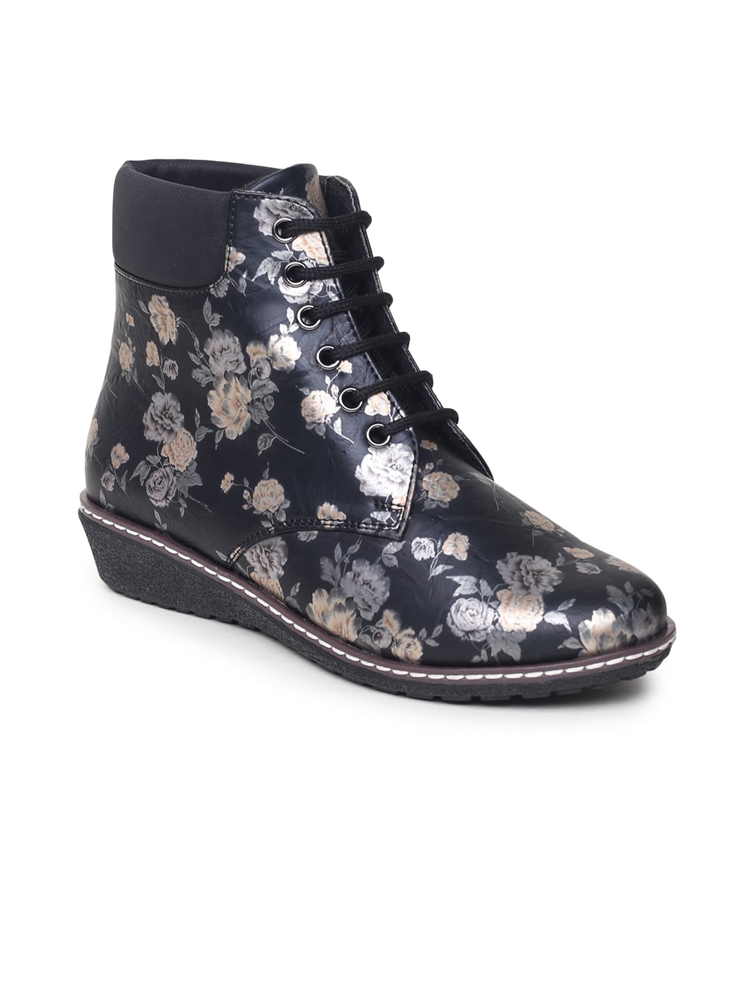 VALIOSAA Women Black & Peach-Coloured Printed Heeled Boots Price in India
