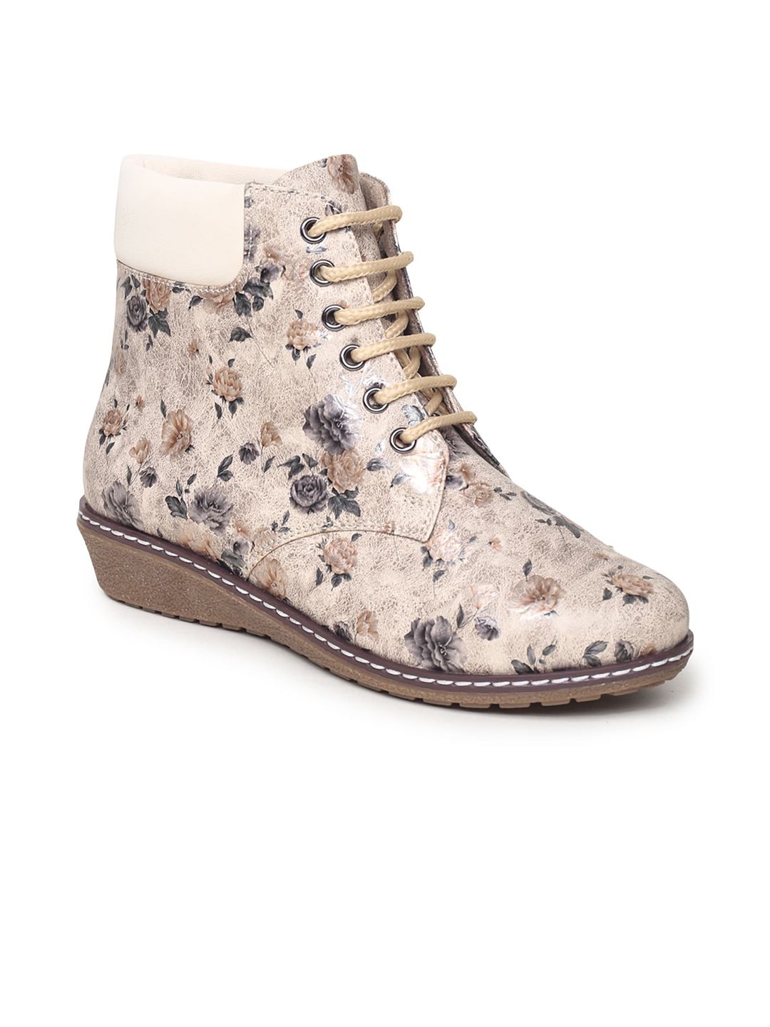 VALIOSAA Women Cream-Coloured & Grey Printed Heeled Boots Price in India