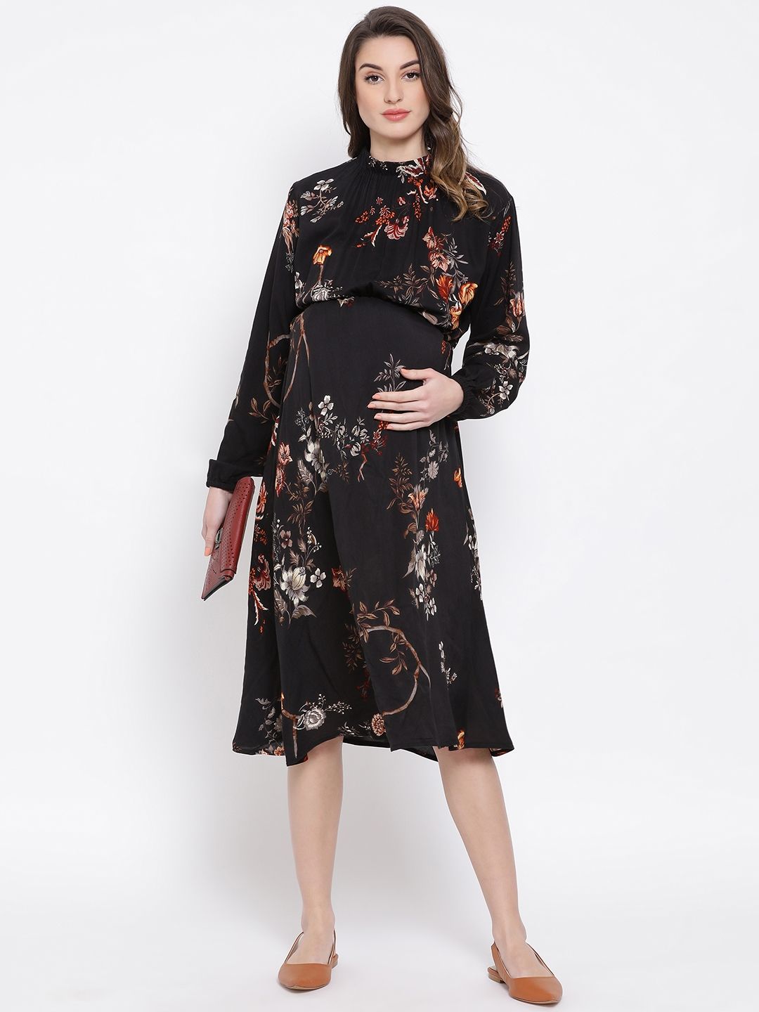 Oxolloxo Women Black Floral Printed A-Line Maternity Dress Price in India