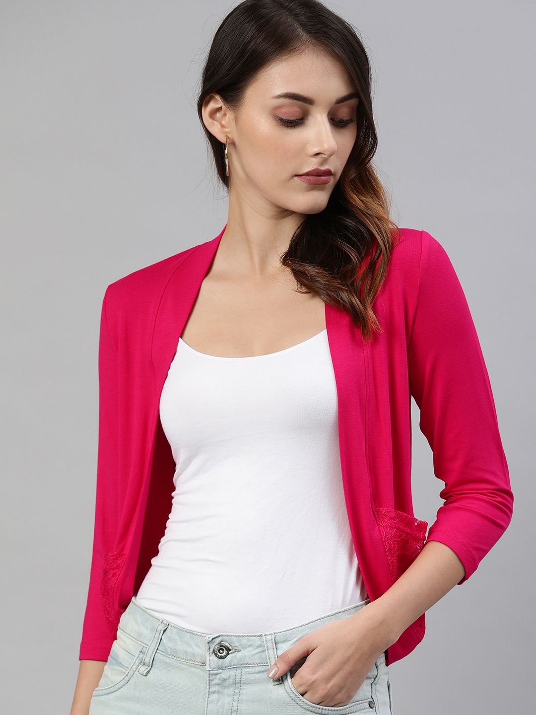 zebu Women Pink Solid Open Front Shrug Price in India