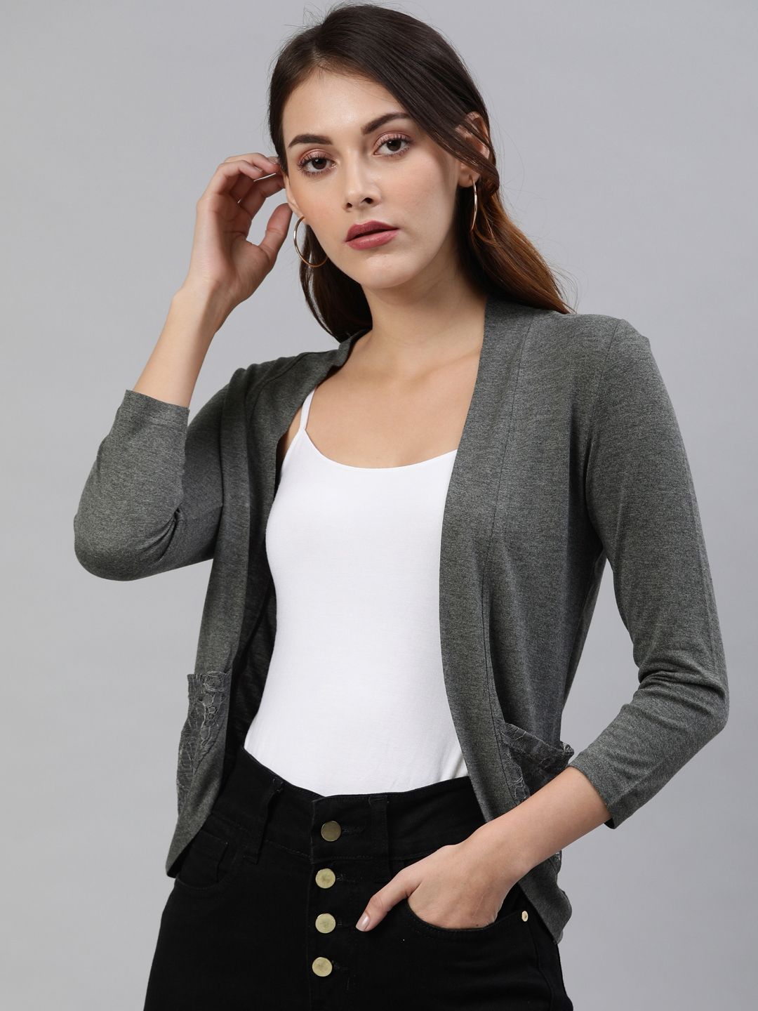 zebu Women Grey Solid Open Front Shrug Price in India