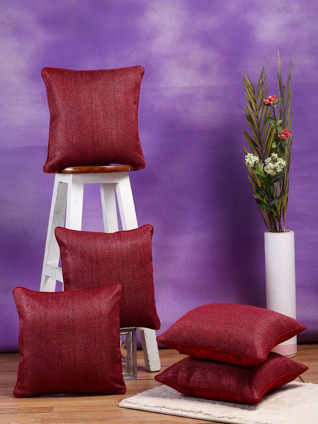 DREAM WEAVERZ Red Set of 5 Self Design Square Cushion Covers Price in India