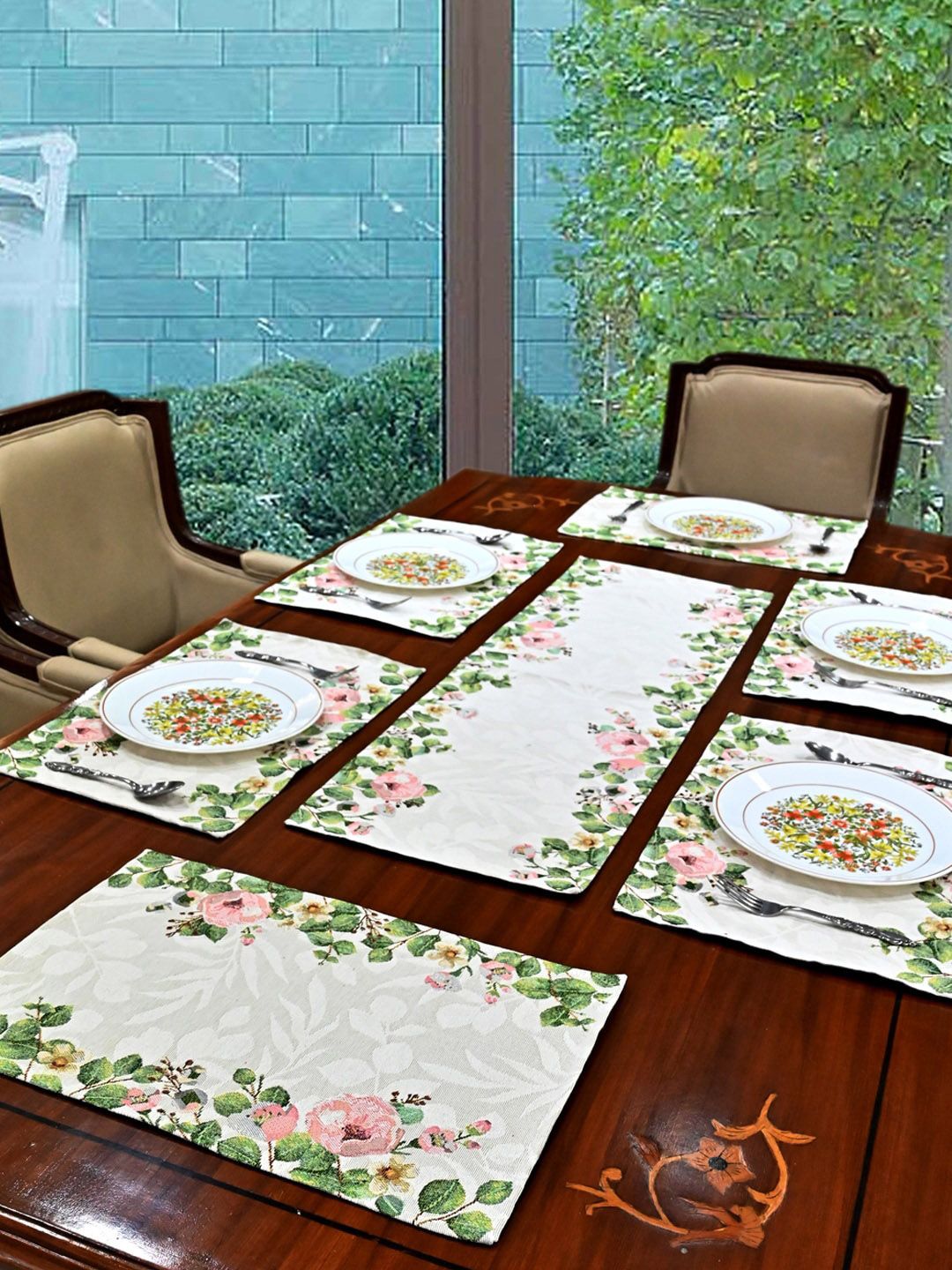AVI Living Pink & Green Set Of 6 Jaquard Woven Table Mats & Runner Price in India