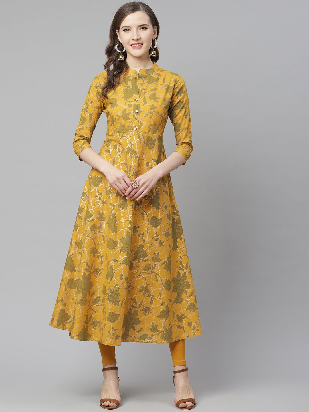 mokshi Women Mustard Yellow & Green Floral Print A-Line Kurta Price in India
