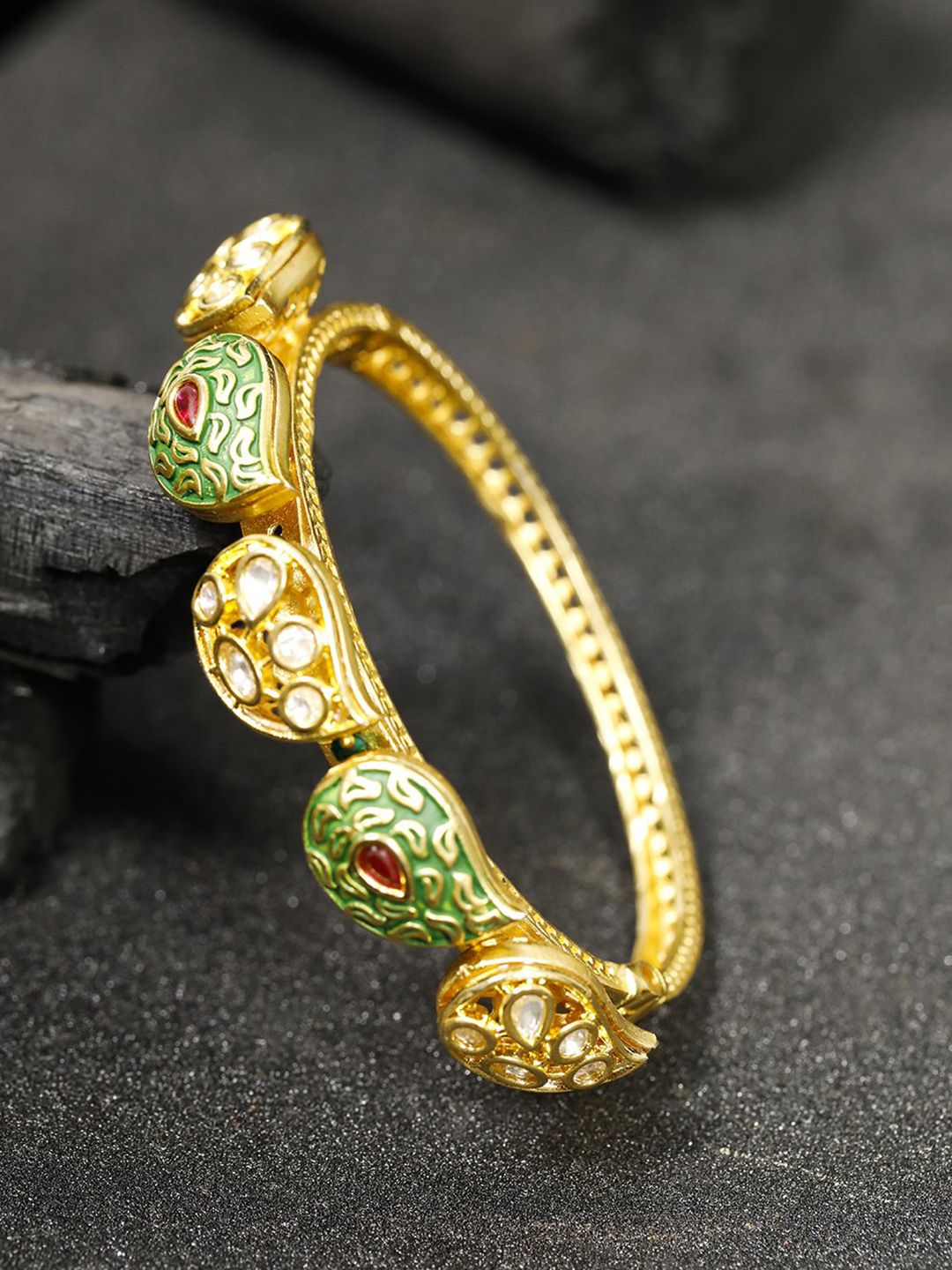 Priyaasi Green & Red Gold-Plated Kundan-Studded Handcrafted Bangle-Style Bracelet Price in India