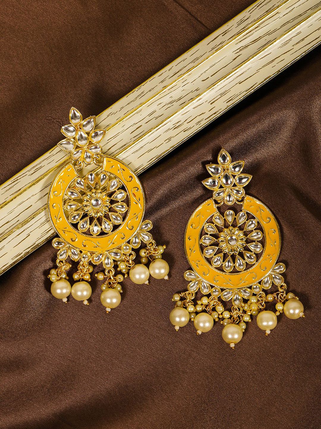 Priyaasi Yellow Gold-Plated Kundan-Studded & Beaded Handcrafted Classic Drop Earrings Price in India