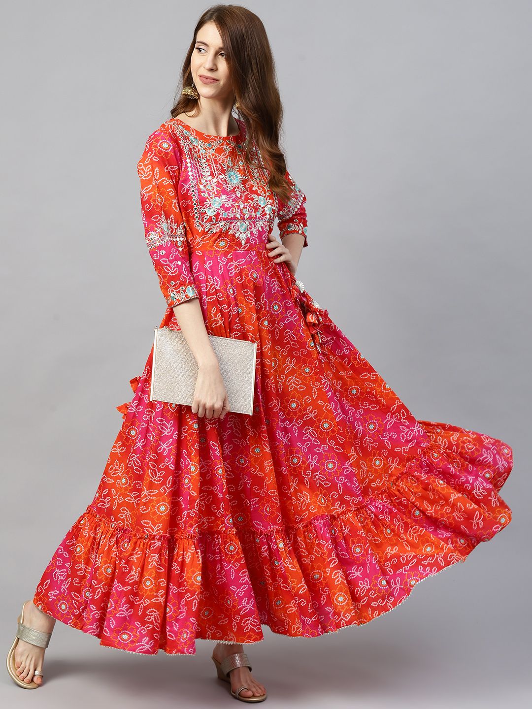 Ishin Women Red & Orange Bandhani Print Anarkali Kurta Price in India