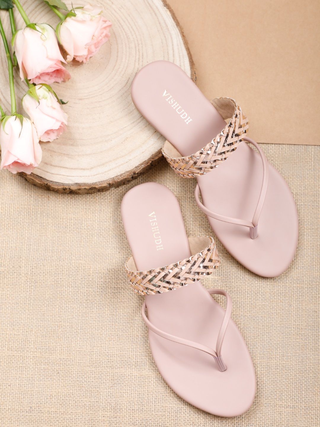 Vishudh Women Nude-Coloured Textured Open Toe Flats Price in India