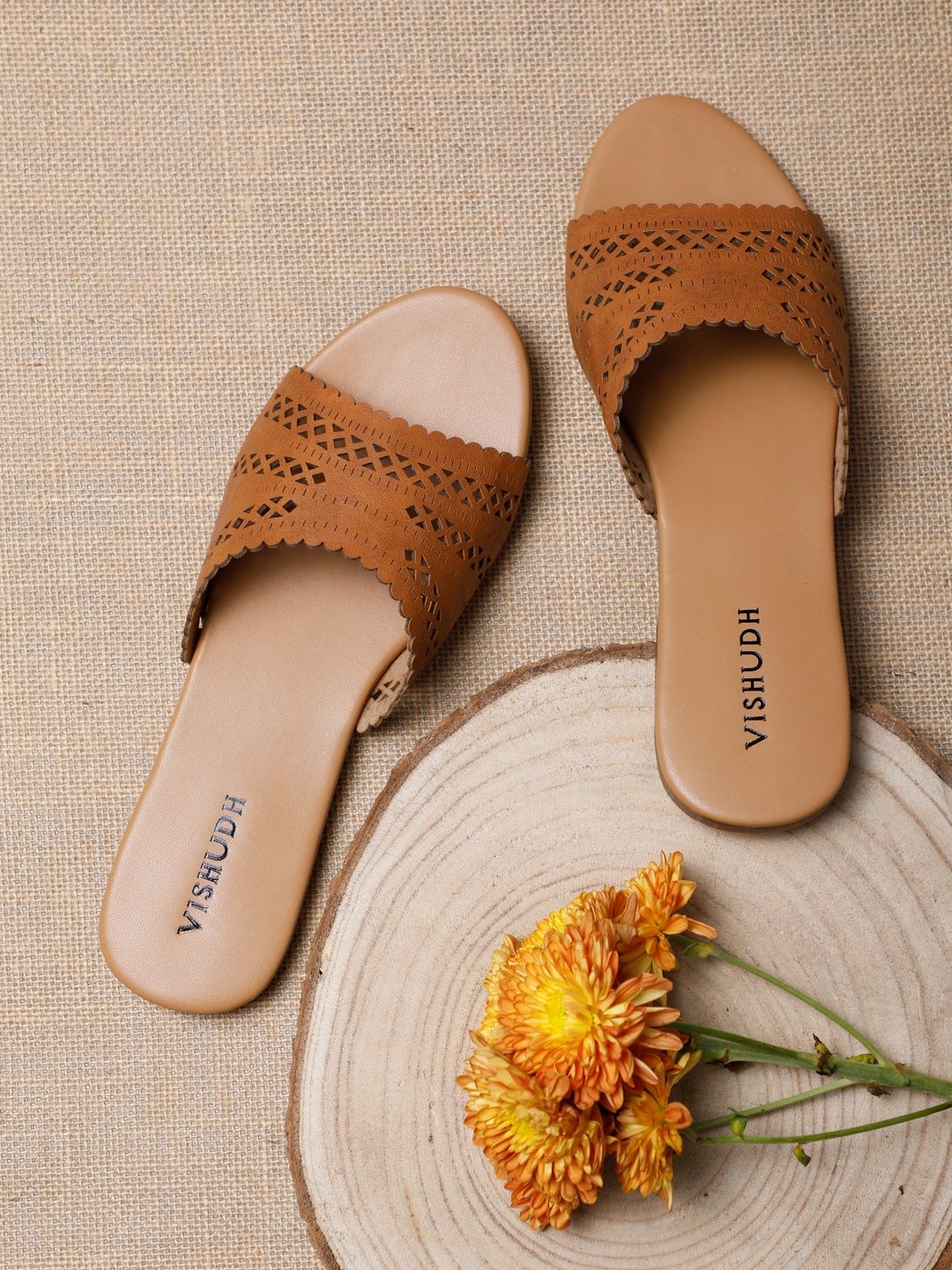 Vishudh Women Tan Textured Open Toe Flats Price in India