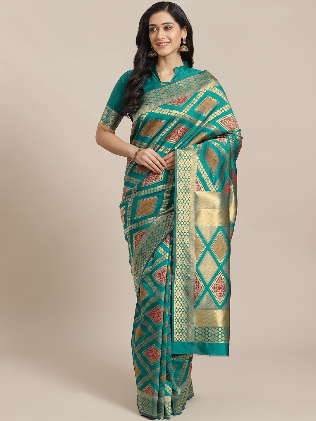 Mitera Green & Golden Woven Design Dharmavaram Saree