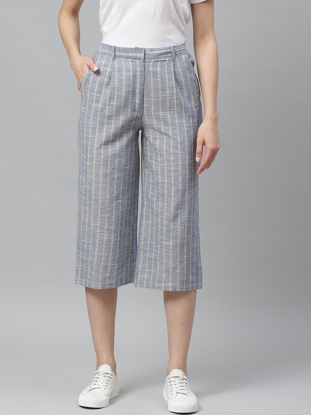 Myshka Women Grey & Yellow Striped Regular Fit Culottes Price in India