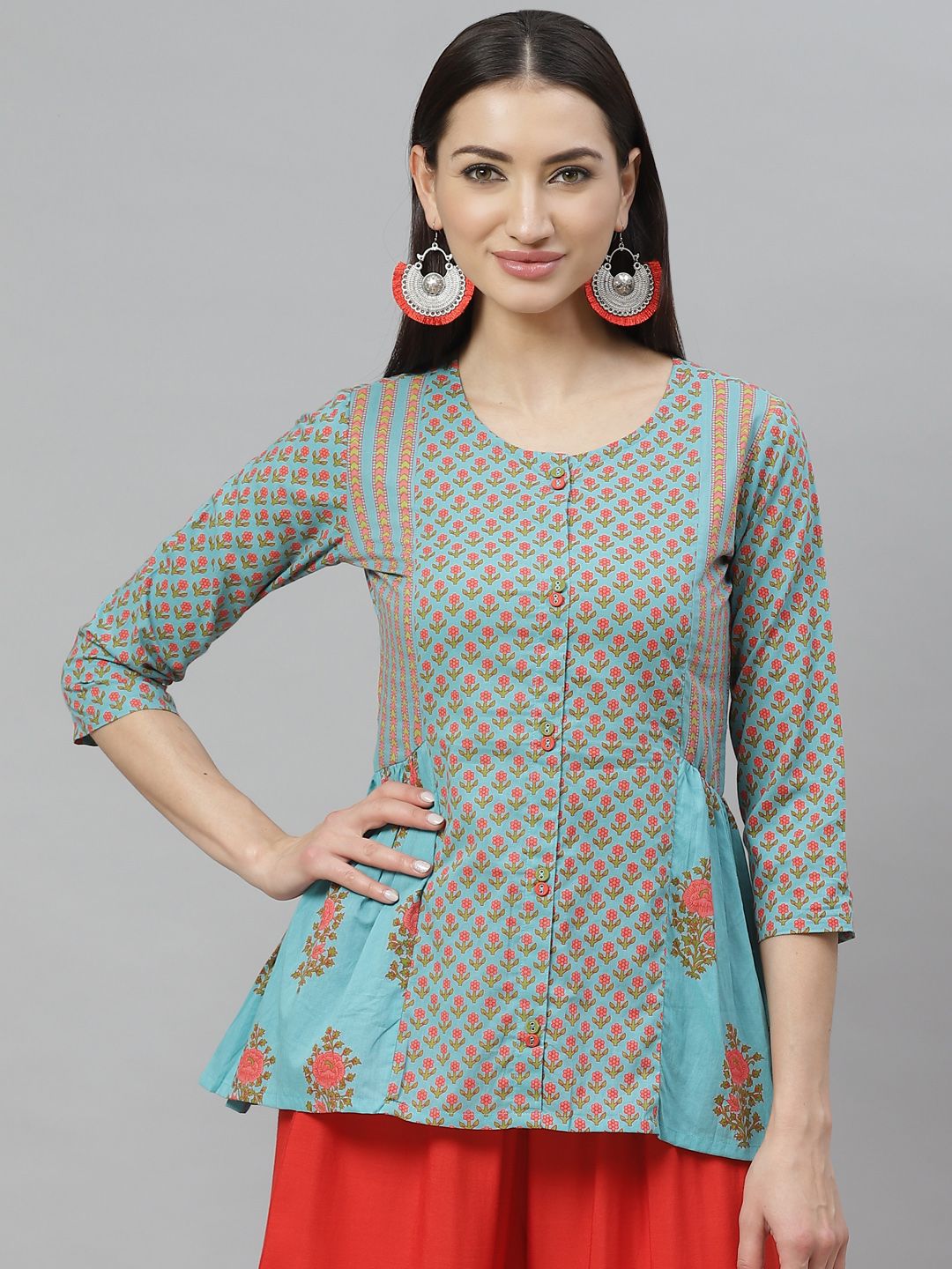 Myshka Women Green & Pink Ethnic Motifs Print Panelled A-Line Pure Cotton Top