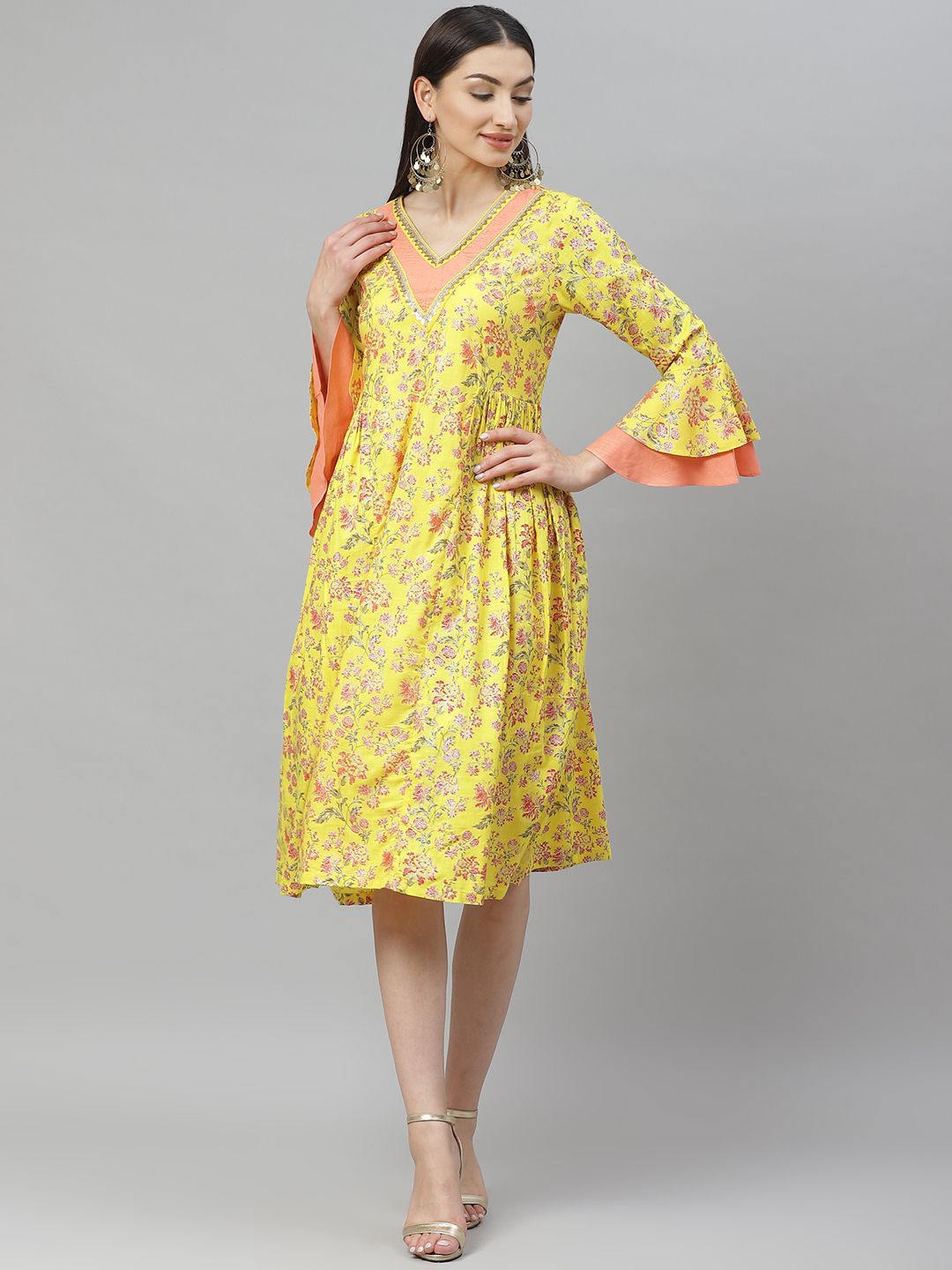 Myshka Women Yellow and Coral Orange Floral Print A-Line Dress Price in India