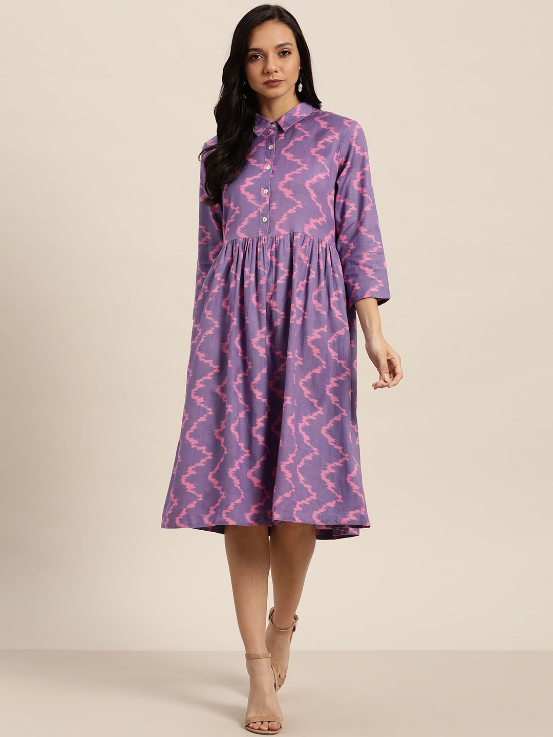 Sangria Women Purple & Pink Chevron Printed A-Line Dress