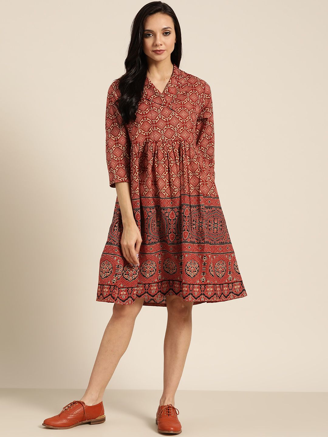 Sangria Women Rust Red & Beige Printed Pure Cotton A-Line Dress