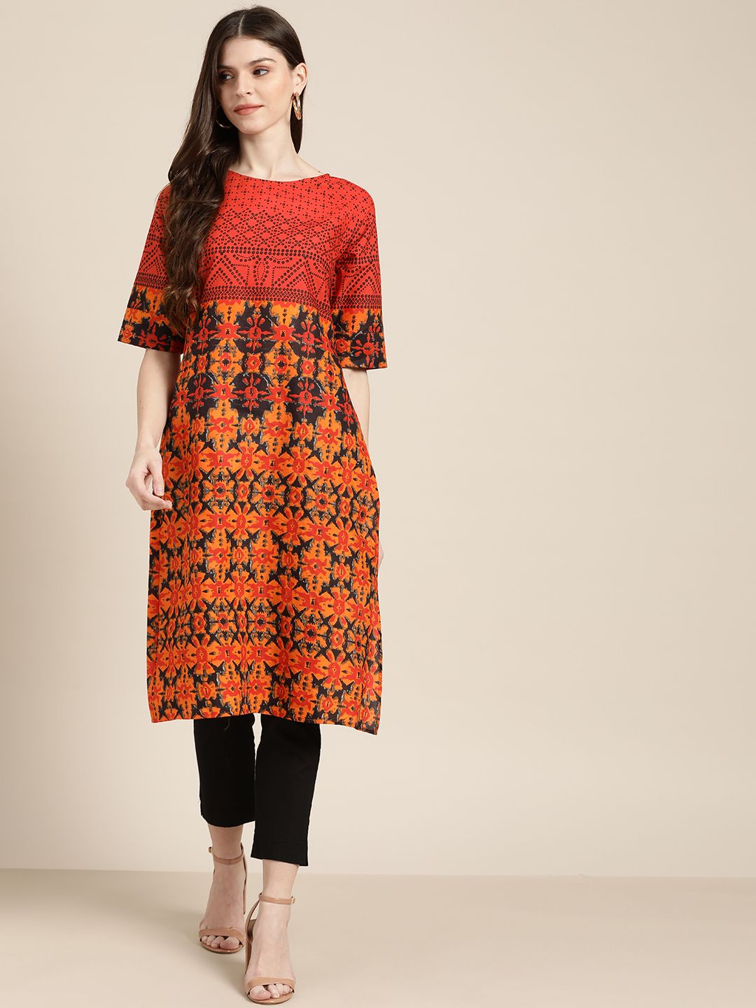Sangria Women Orange & Navy Blue Geometric Printed Straight Kurta