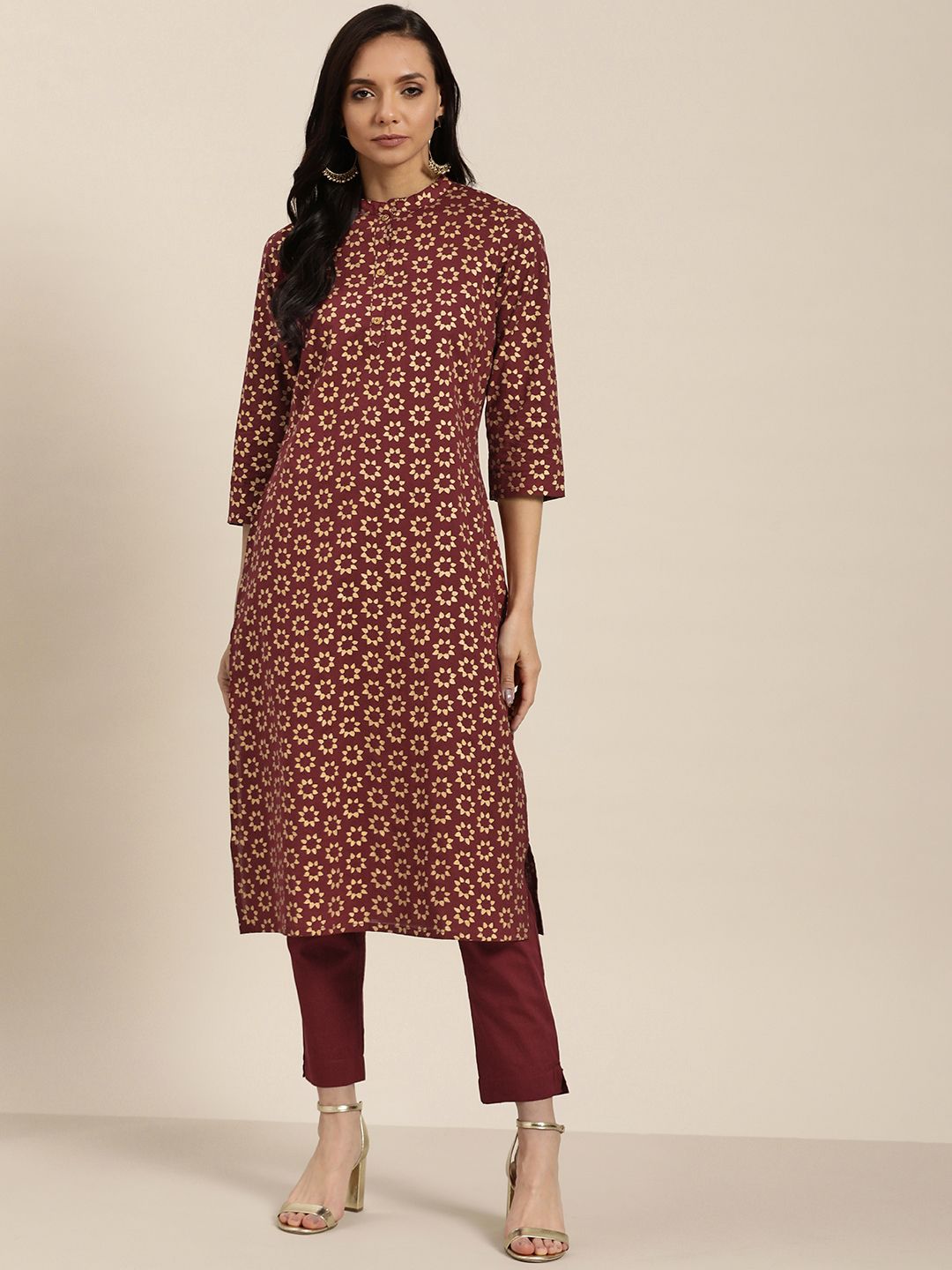 Sangria Women Maroon & Golden Pure Cotton Printed Straight Kurta & Trousers Price in India