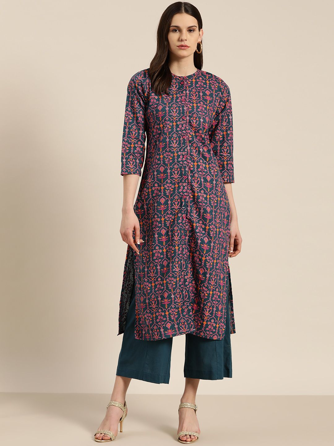 Sangria Women Teal Blue & Pink Ethnic Print Pure Cotton Kurta with Trousers Price in India