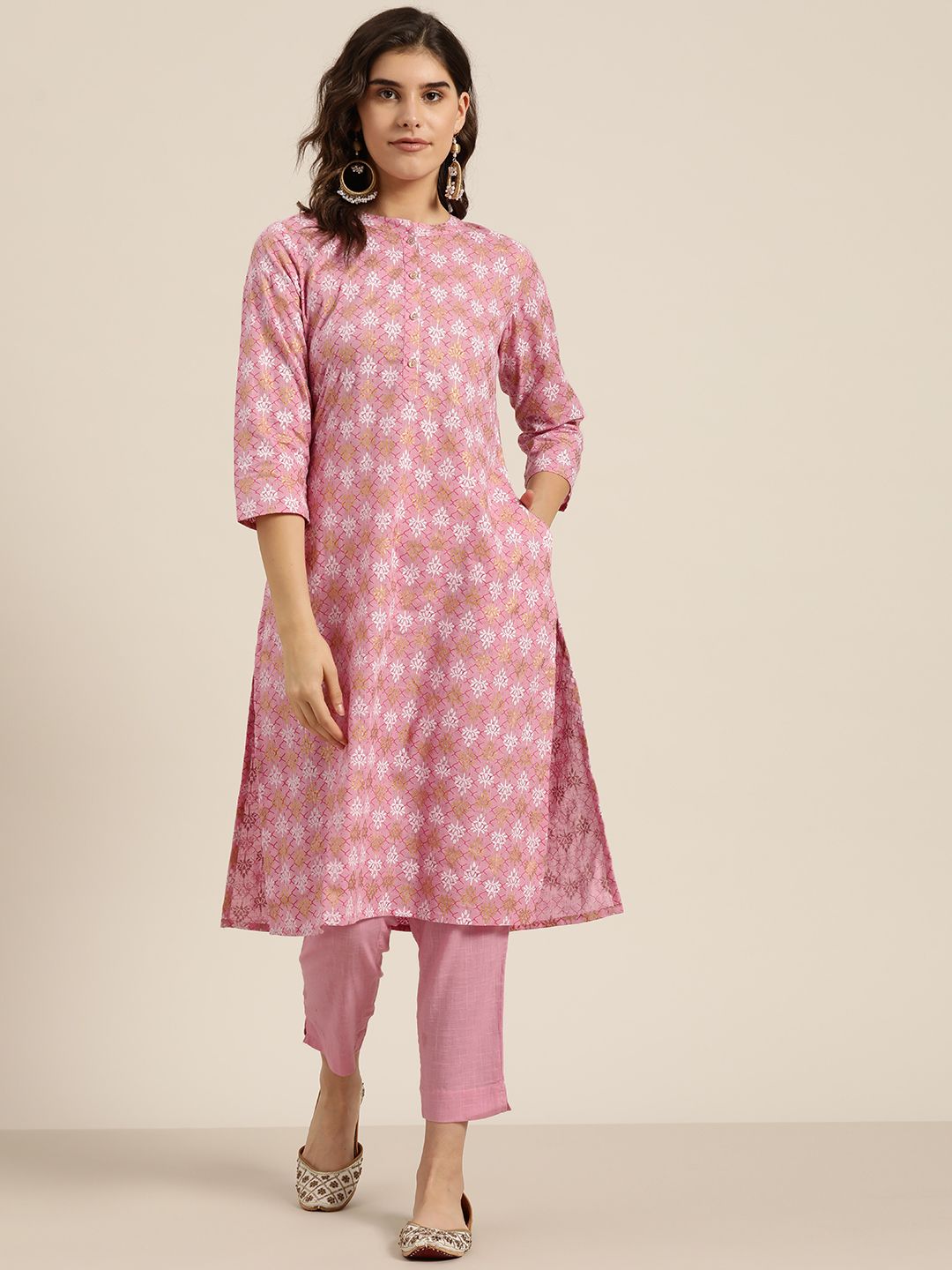 Sangria Women Pink & White Pure Cotton Printed Kurta with Trousers