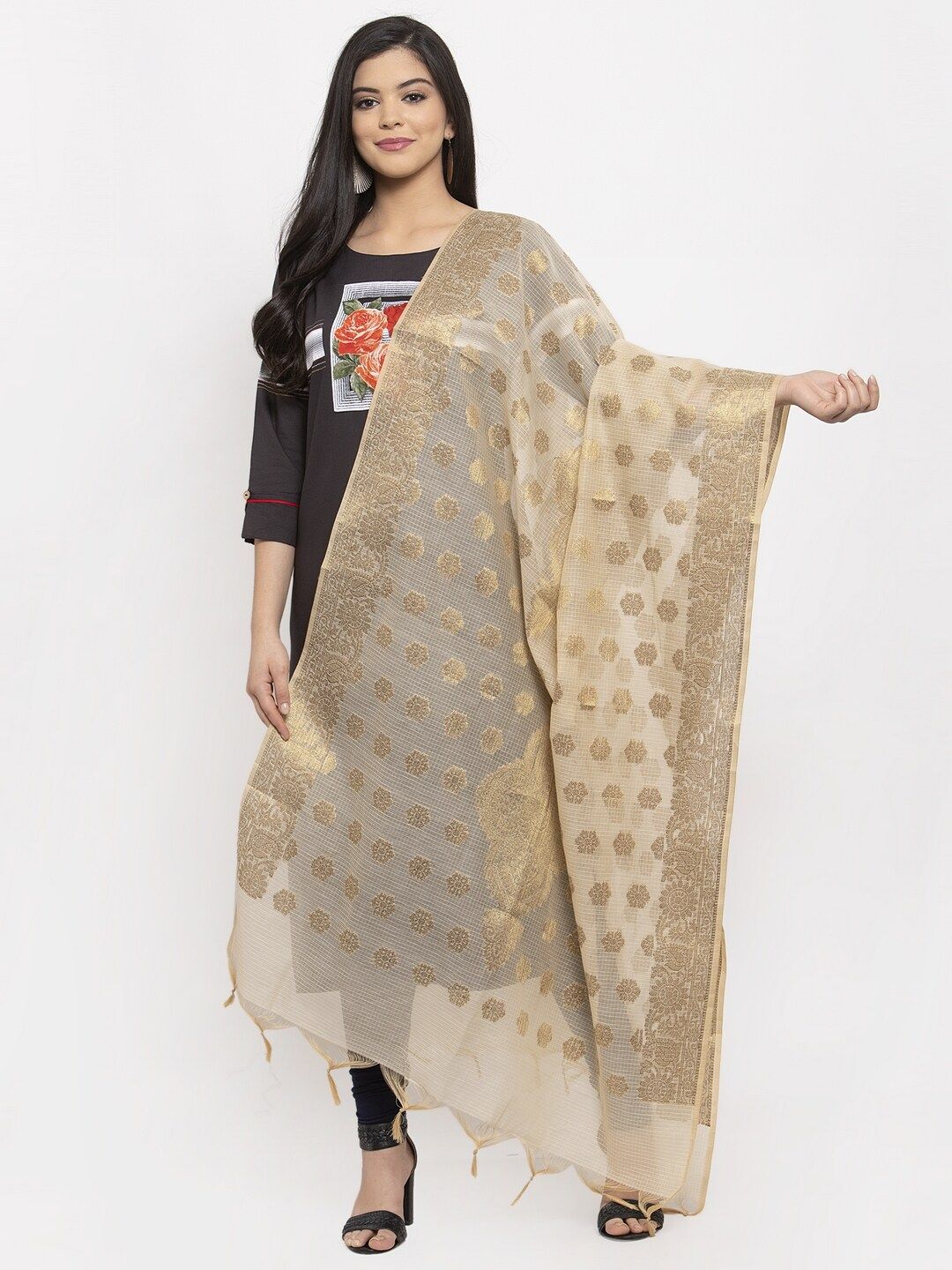 LOOM LEGACY Gold-Coloured Woven Design Jacquard Banarasi Dupatta Price in India