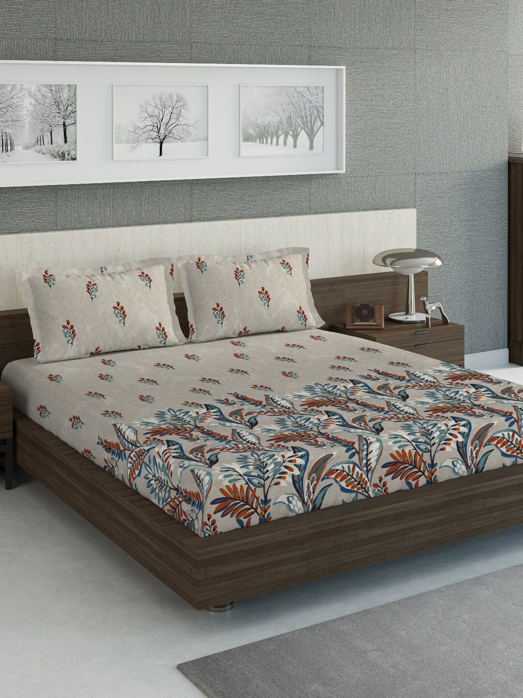 DDecor Grey & Orange Floral 144 TC Cotton 1 King Bedsheet with 2 Pillow Covers Price in India